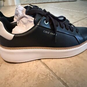 Cole Haan Black Leather Platform Sneaker with White Sole and Tan Trim